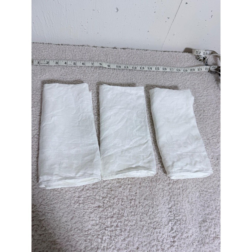 White Linen Damask Napkins Set of 3 Fleur-de-Lis Pattern 18x18 Square Vintage